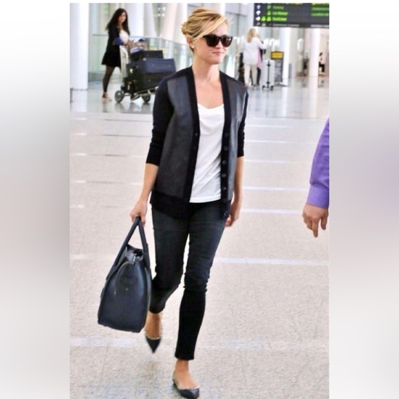 J. Crew Collection Black Merino Wool Leather Front Cardigan Sweater Sz S - Picture 11 of 13